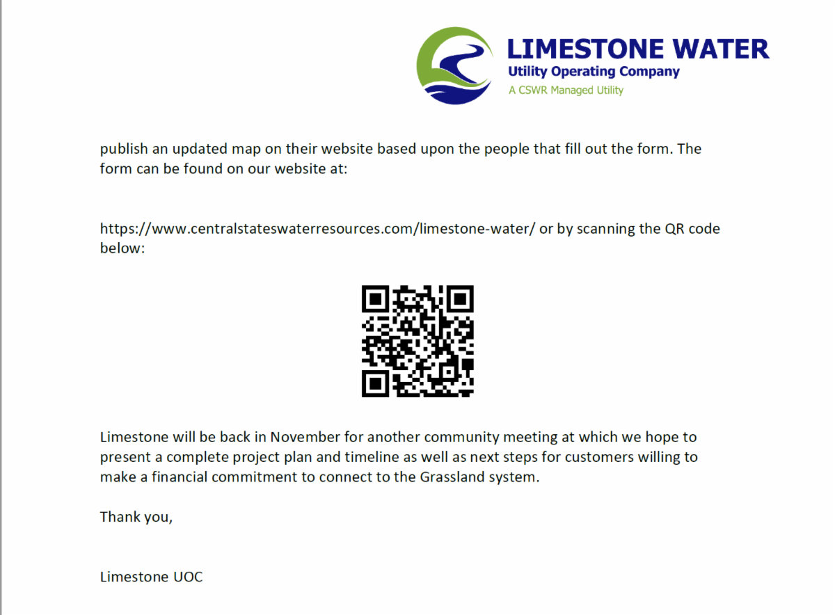 Letter from Limestone Water in Williamson County TN district 8